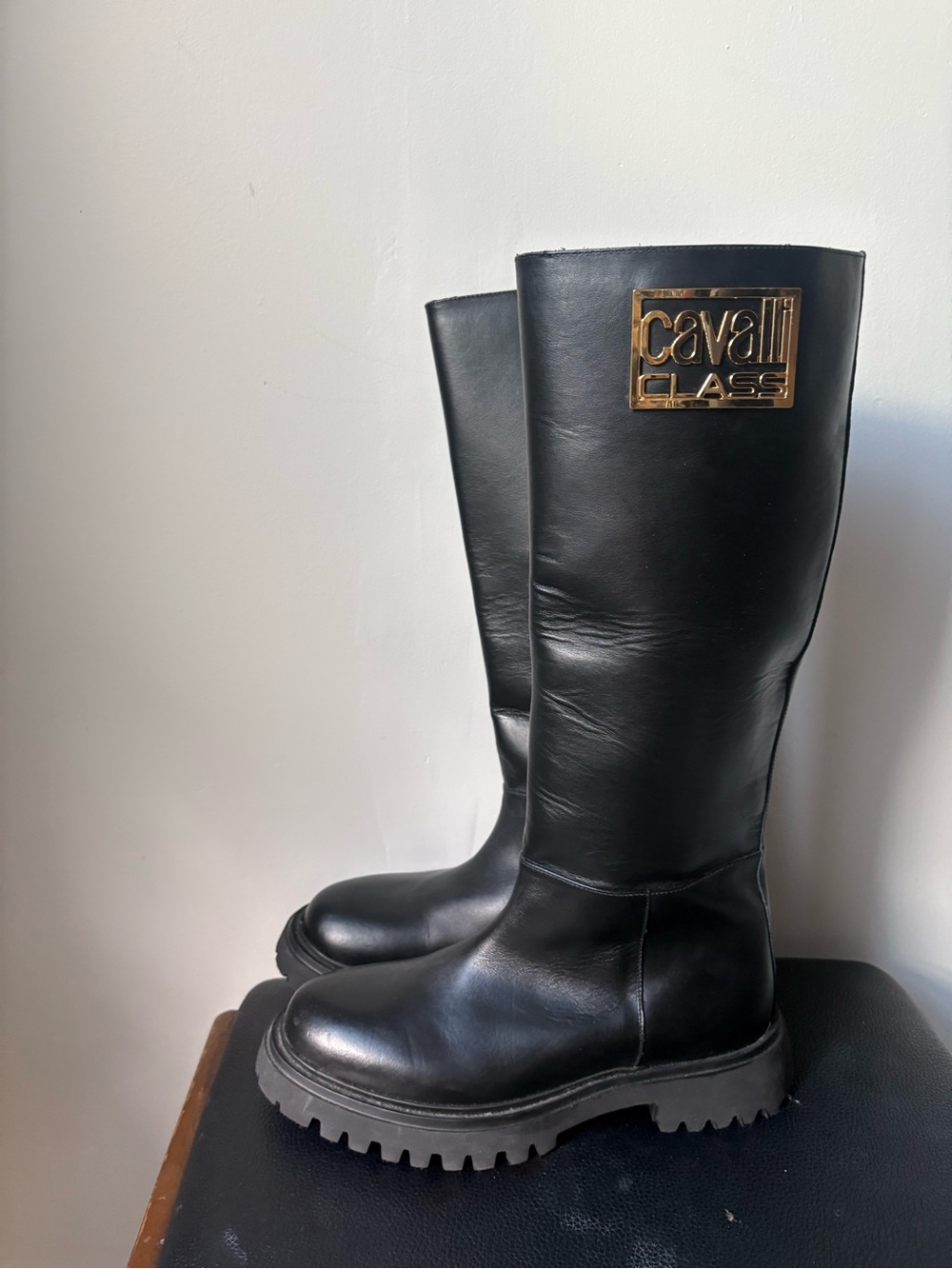 Cavalli Class Black Leather Knee Boots